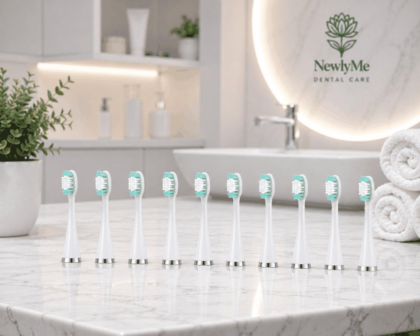 Multiple toothbrush heads on a marble surface with 'NewlyMe' branding in the background.