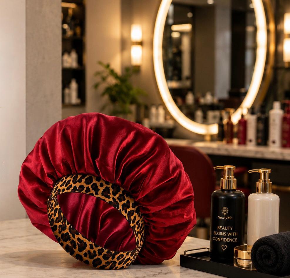 Satin Bonnet with Leopard Print Brim