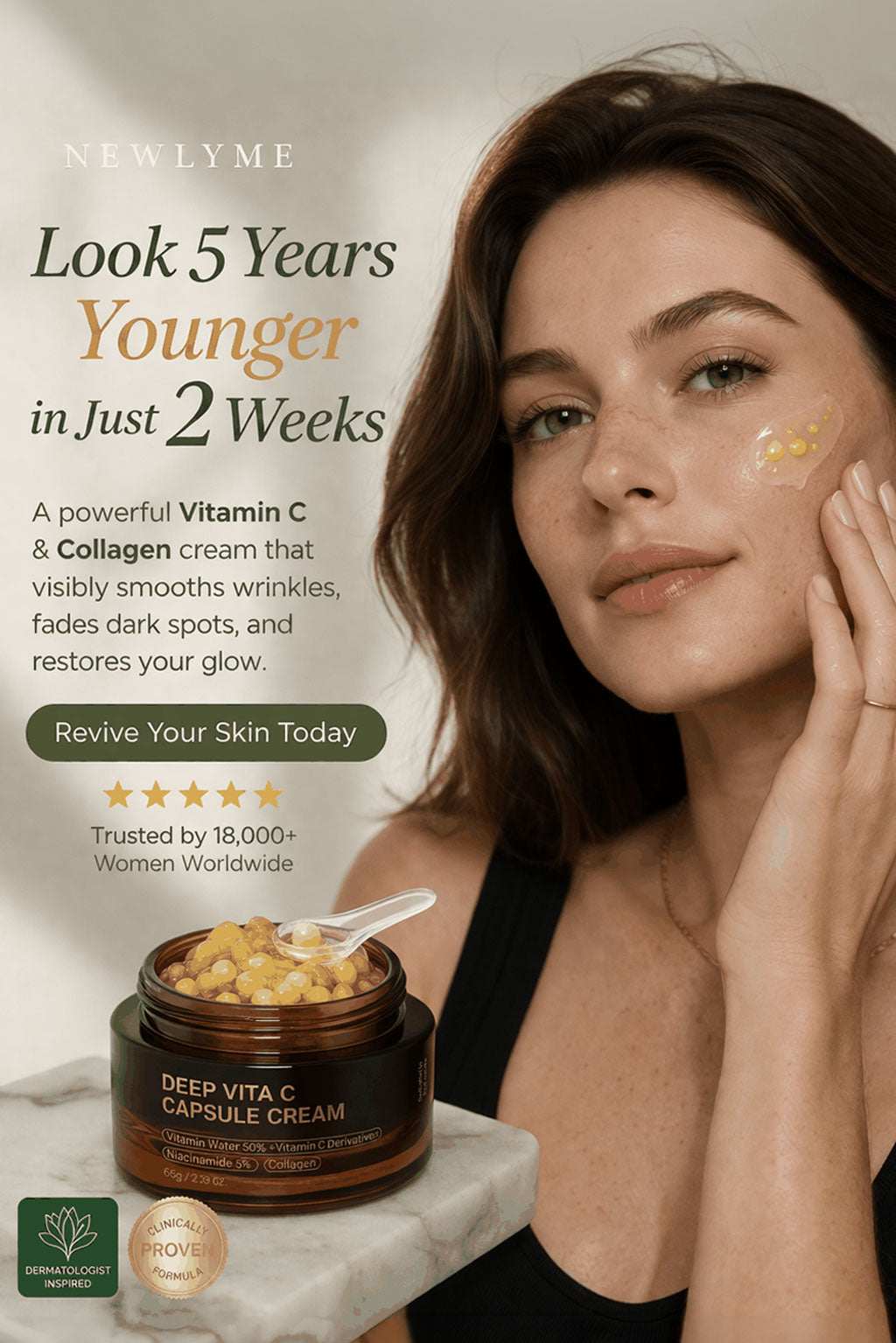 Deep Vita C Capsule Cream container promoting brightening, anti-aging, and hydration benefits for radiant skin