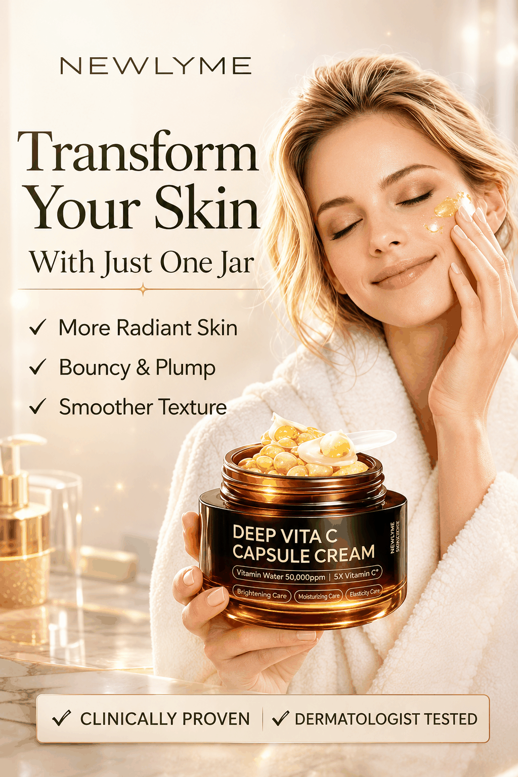 Woman applying cream to her face with a jar of Deep Vita C Capsule Cream, surrounded by beauty products.