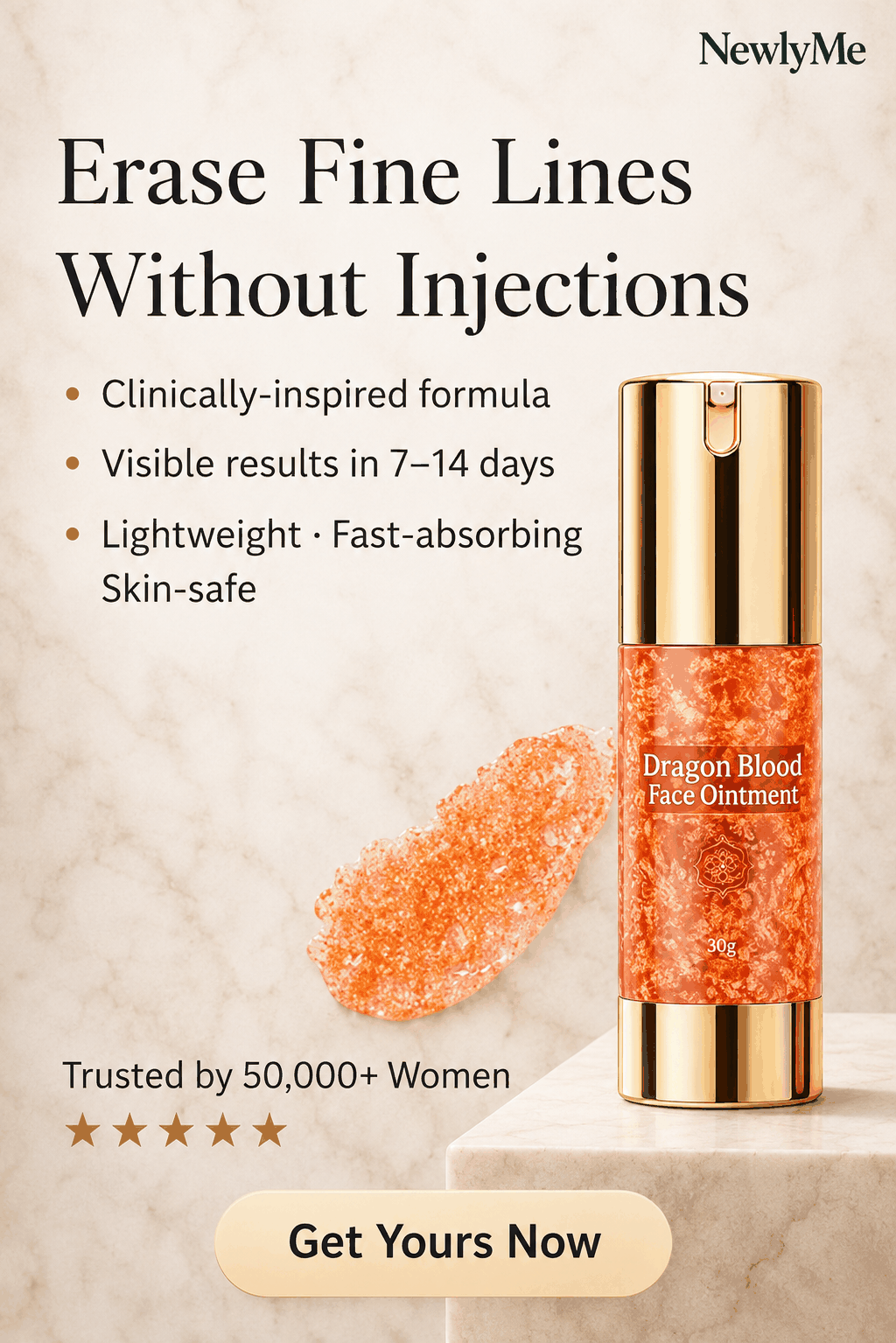 Dragon Blood Face Ointment bottle with promotional text on a beige background