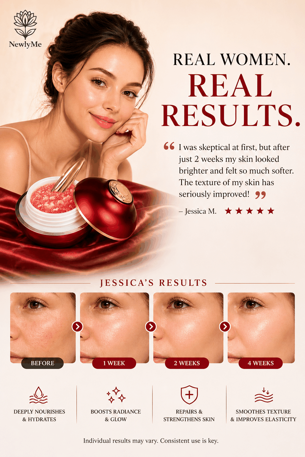 Dragon Blood Tightening Paste product with a woman and text about results and testimonials.