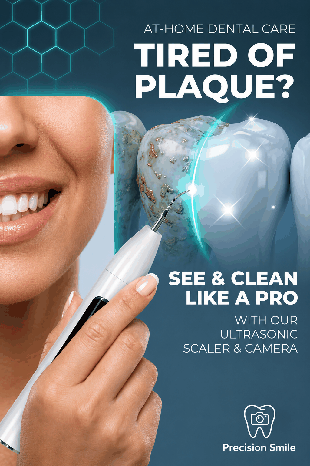 Ultrasonic teeth scaling device with integrated camera for professional-grade dental cleaning at home