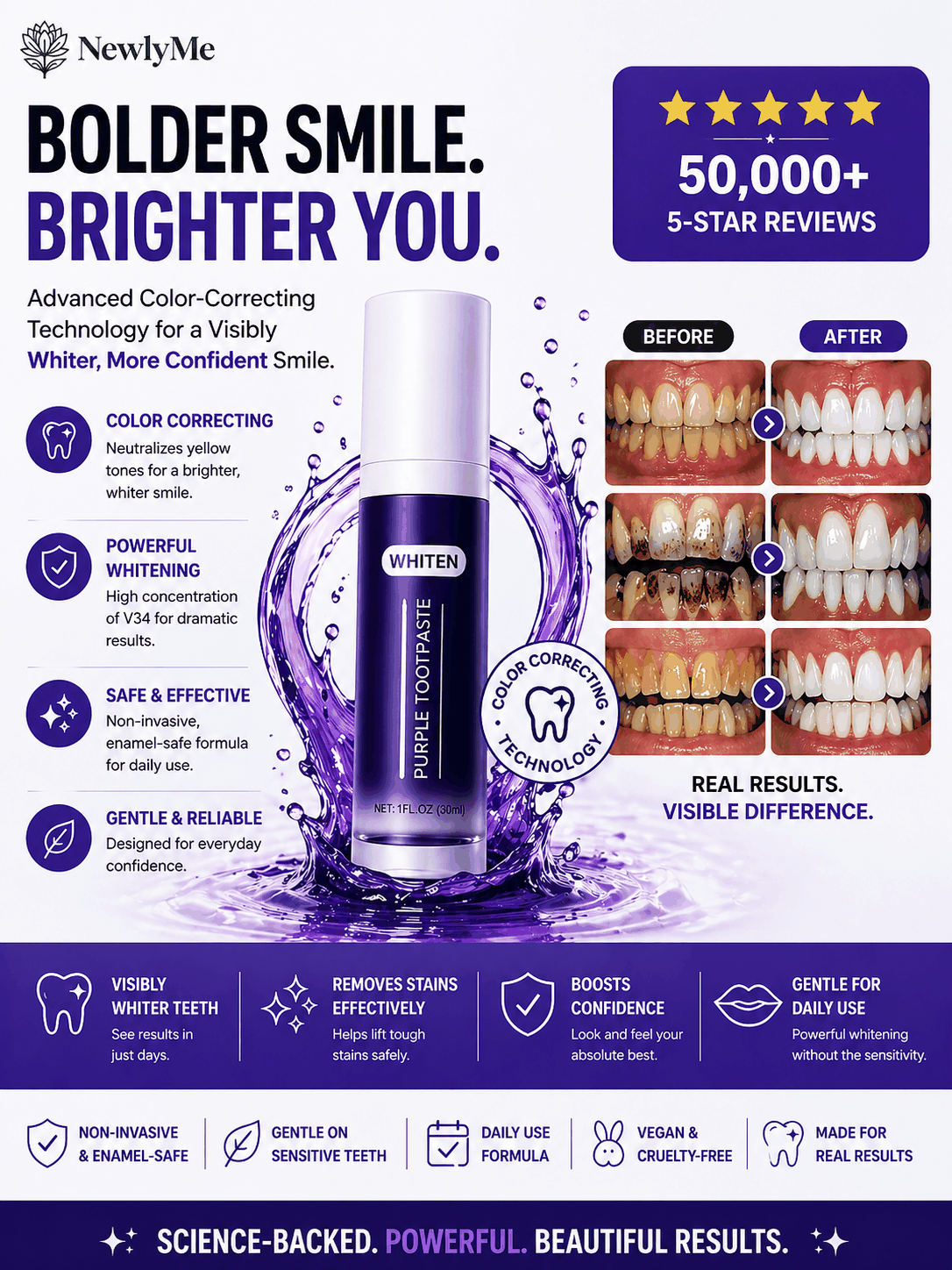 Purple toothpaste bottle with promotional text and before-and-after images on a purple background