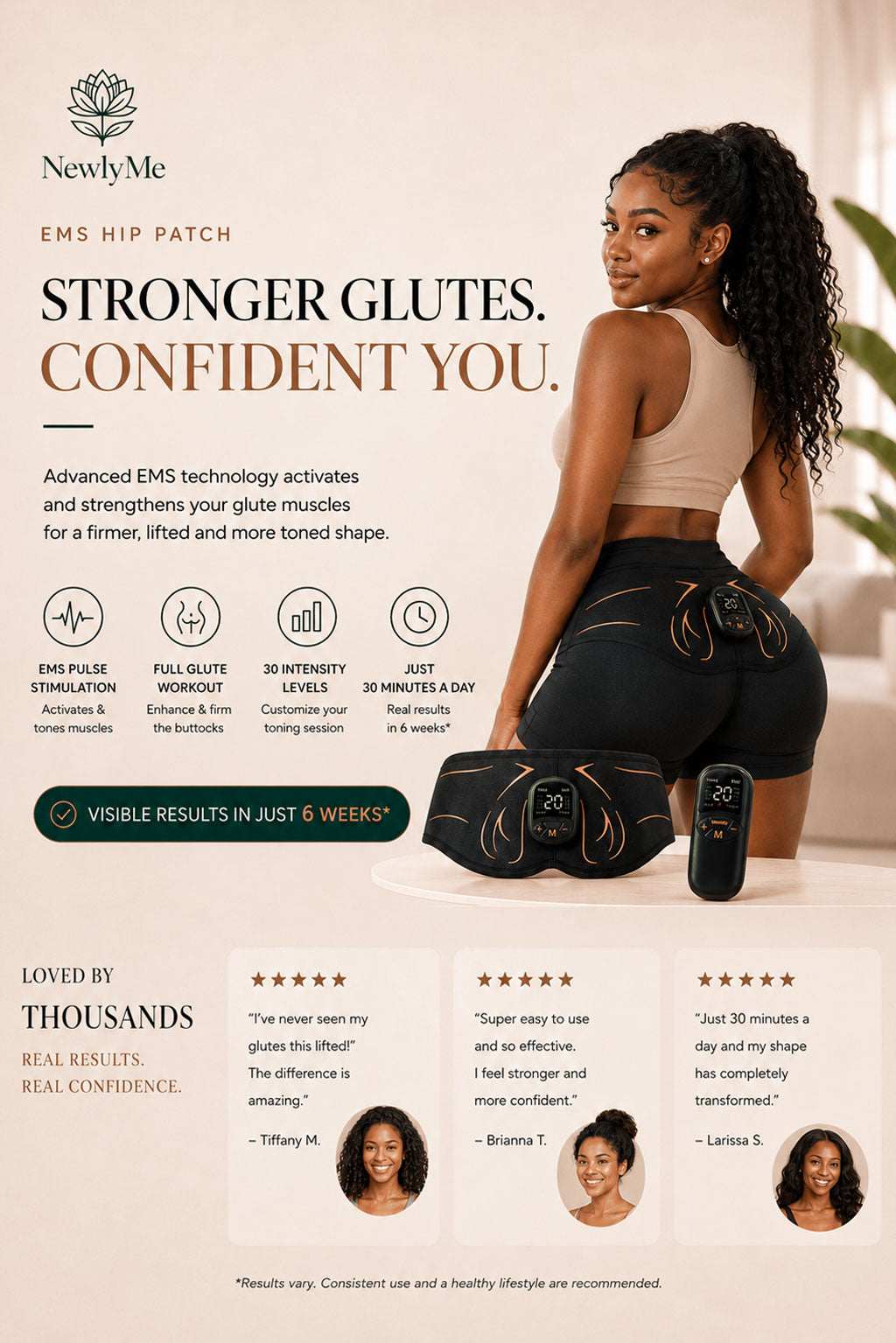 Electric Buttocks Muscle Toner device with text about EMS technology and visible results.