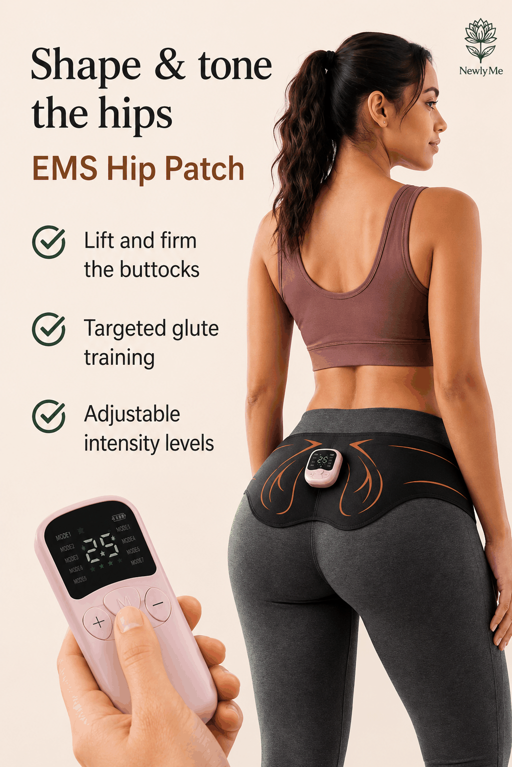 Electric Buttocks Muscle Toner Device for shape and tone with a woman wearing a sports bra and leggings, holding the device.