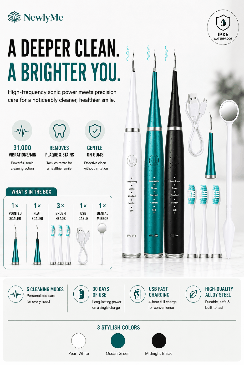 Electric toothbrush with scaler and multiple brush heads for plaque and tartar removal, USB charging