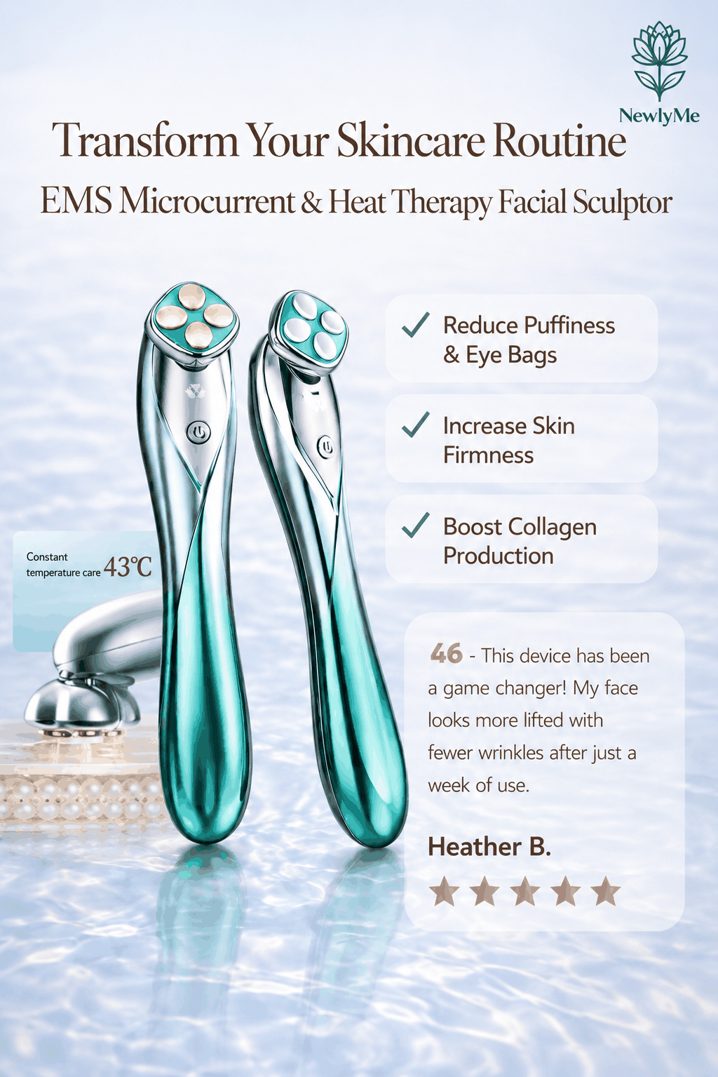 EMS Microcurrent & Heat Therapy Facial Sculptor with product details and user review on a light blue background