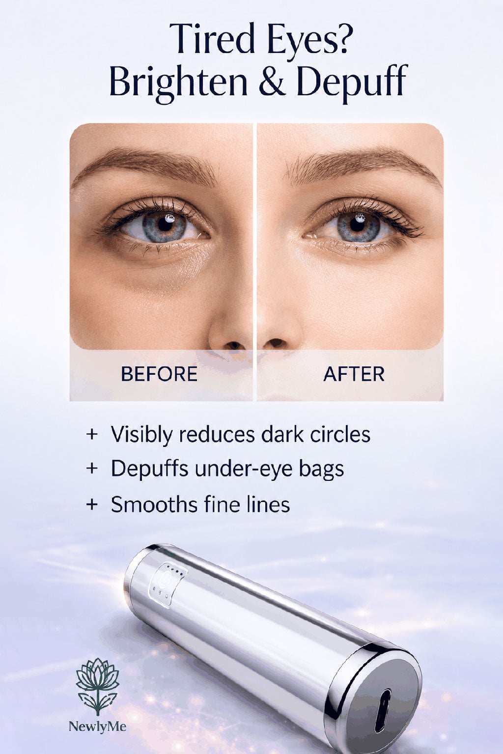 Before and after effect of eye treatment on a light background