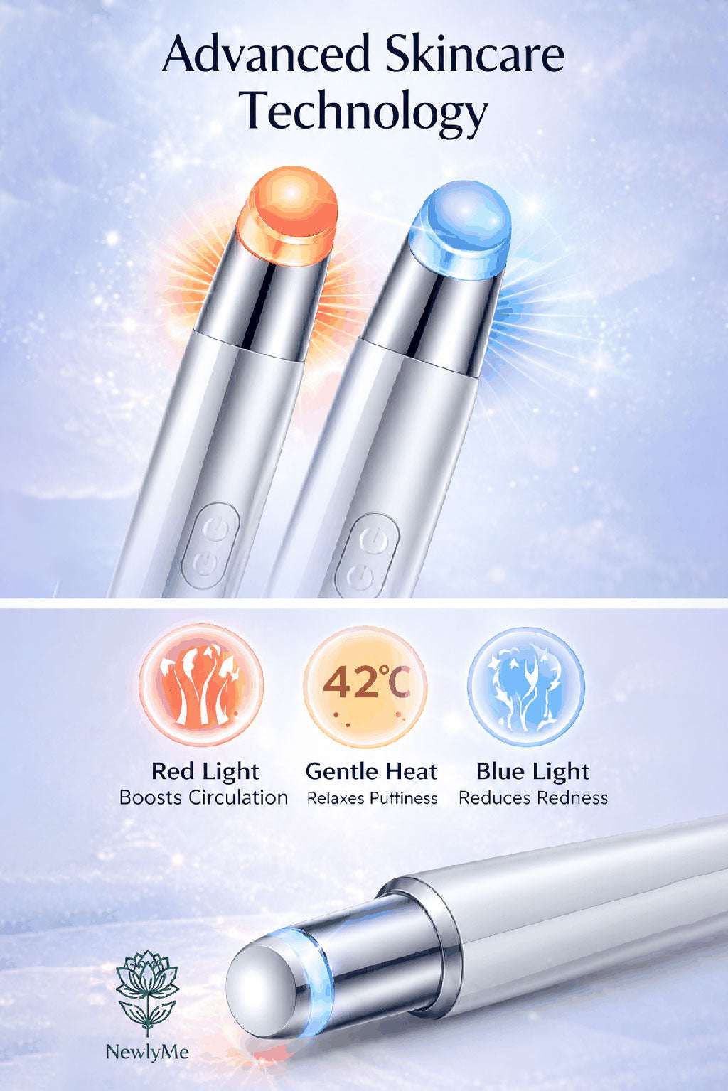 Eye & Lip Massager device with red light , blue light, and gentle heat functions on a light blue background.