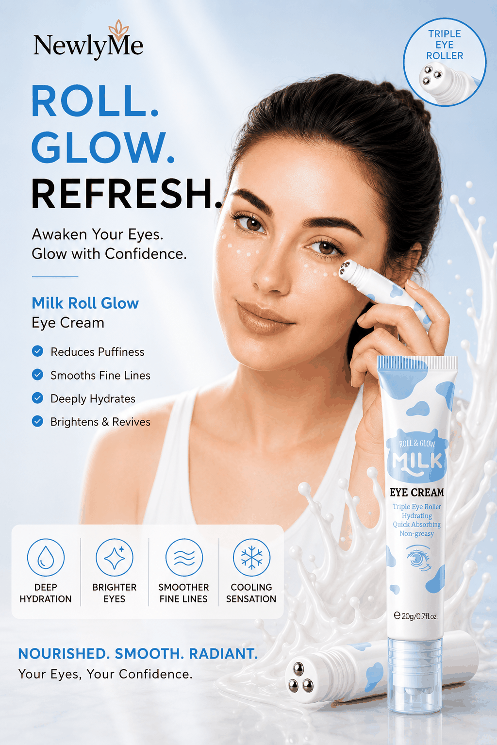 Eye Milk Roller with cooling metal sphere for under-eye hydration and puffiness reduction