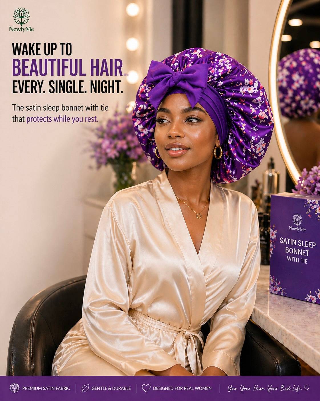 Woman wearing a satin sleep bonnet with tie in a bedroom setting, promoting the product's benefits.
