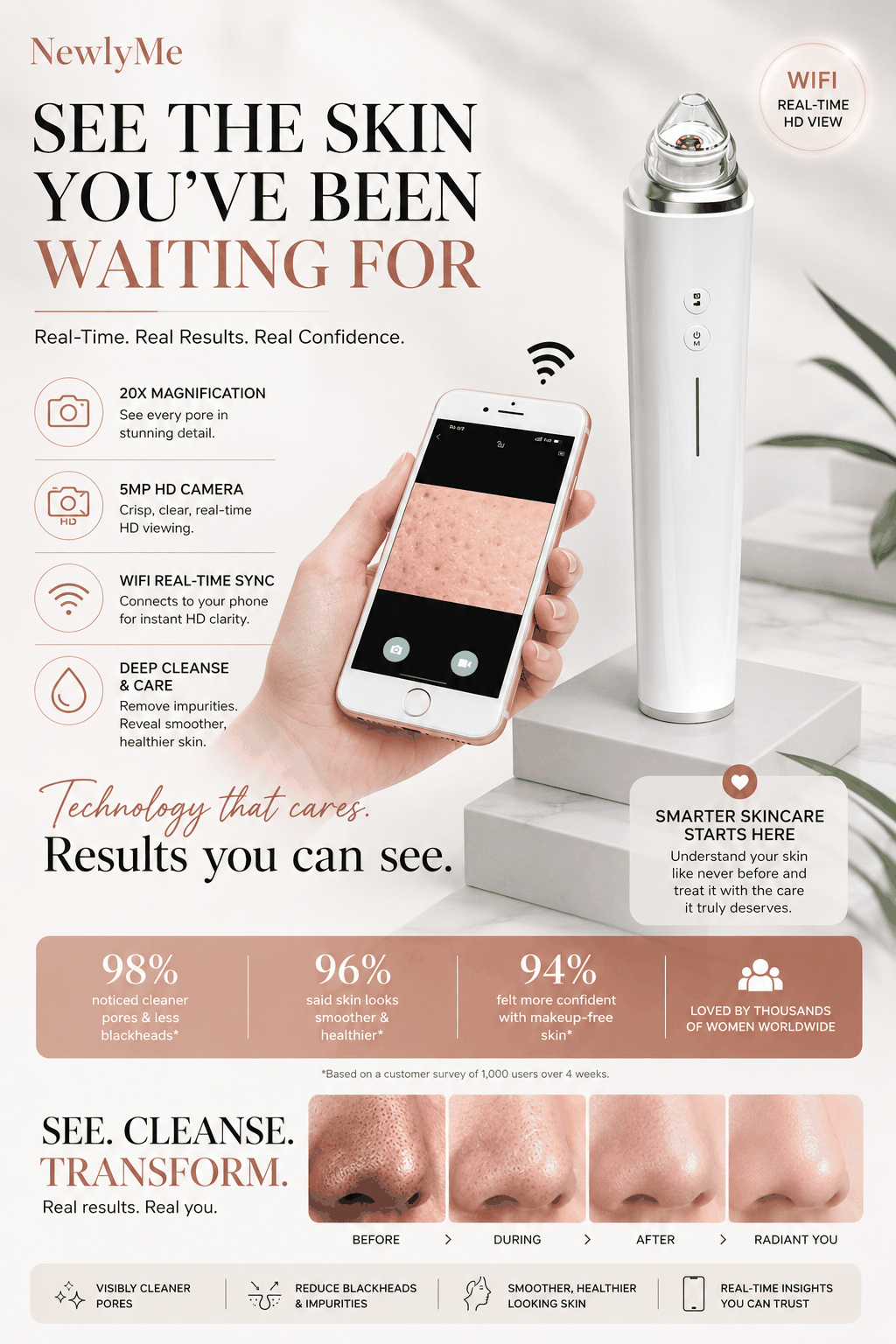 Multifunctional Beauty Cleaner with smartphone app for skin analysis, showing before and after results.