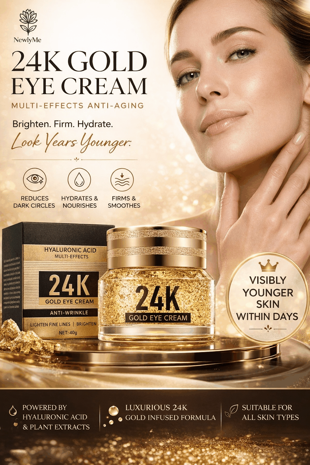 24k Gold Hyaluronic Acid Eye Cream jar with gold accents for under-eye hydration and anti-aging treatment