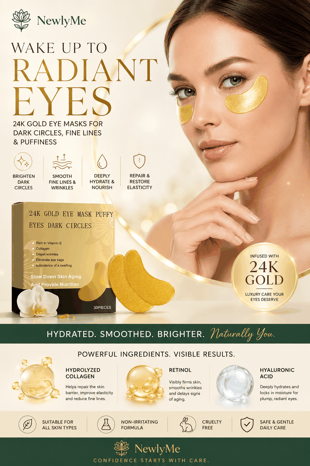 Box of 24K gold eye patches for anti-aging, dark circles, and puffiness treatment