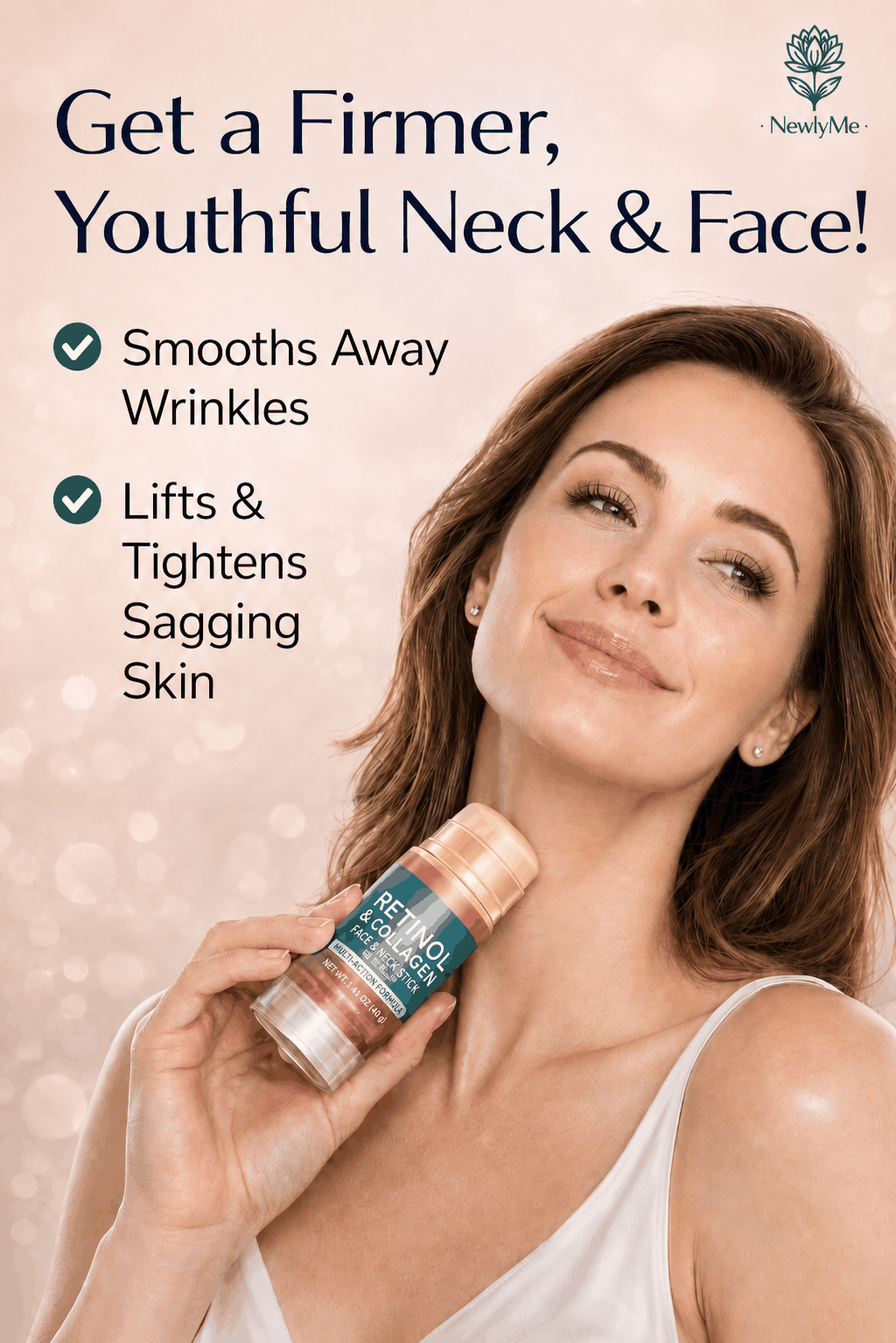 Woman holding a skincare product with text about neck and face firmness on a beige background
