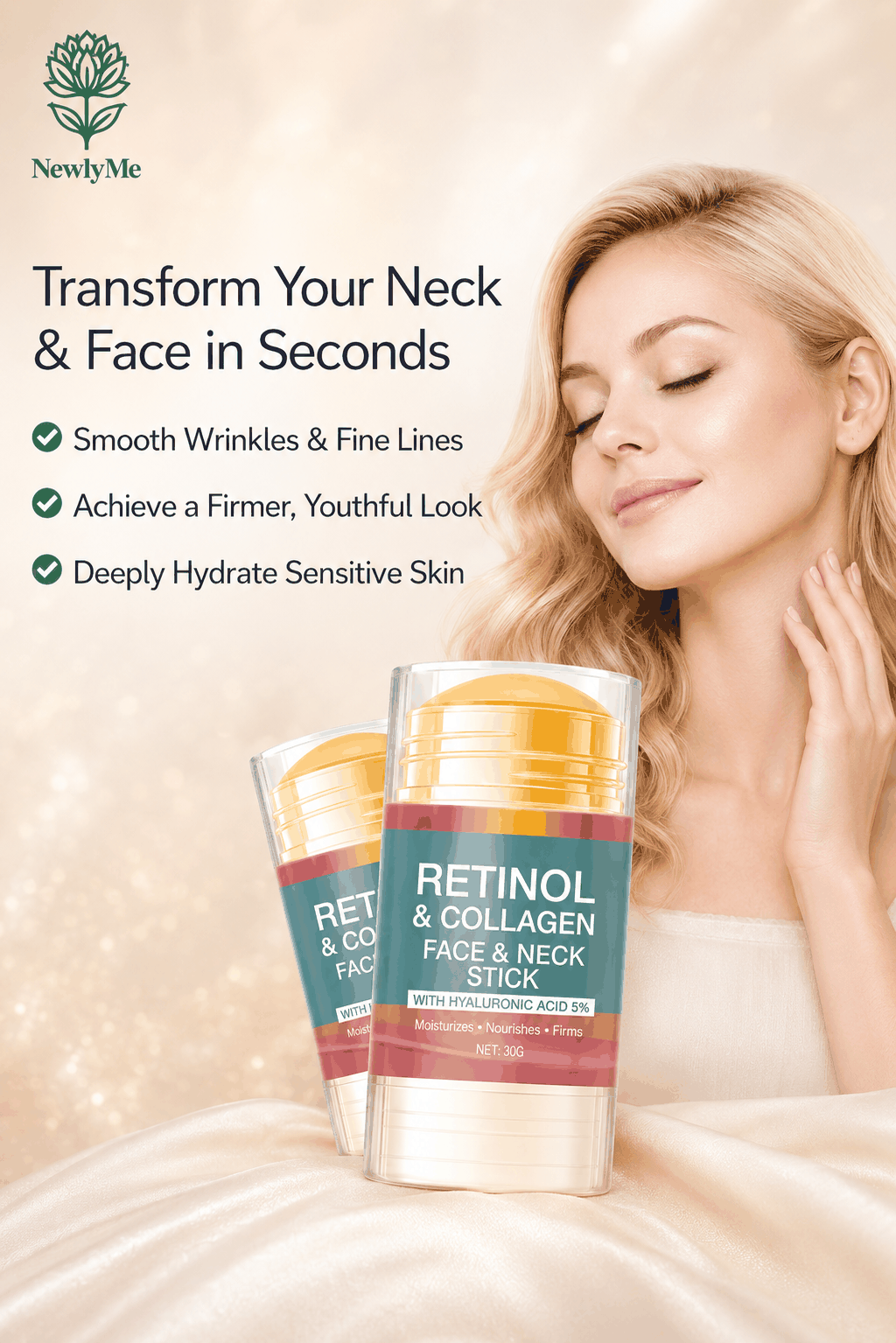 Retinol & Collagen Face & Neck Stick product with Transform your neck & face in seconds text.