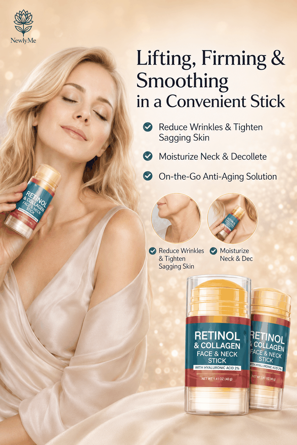 Retinol and collagen face and neck stick with a woman holding the product.