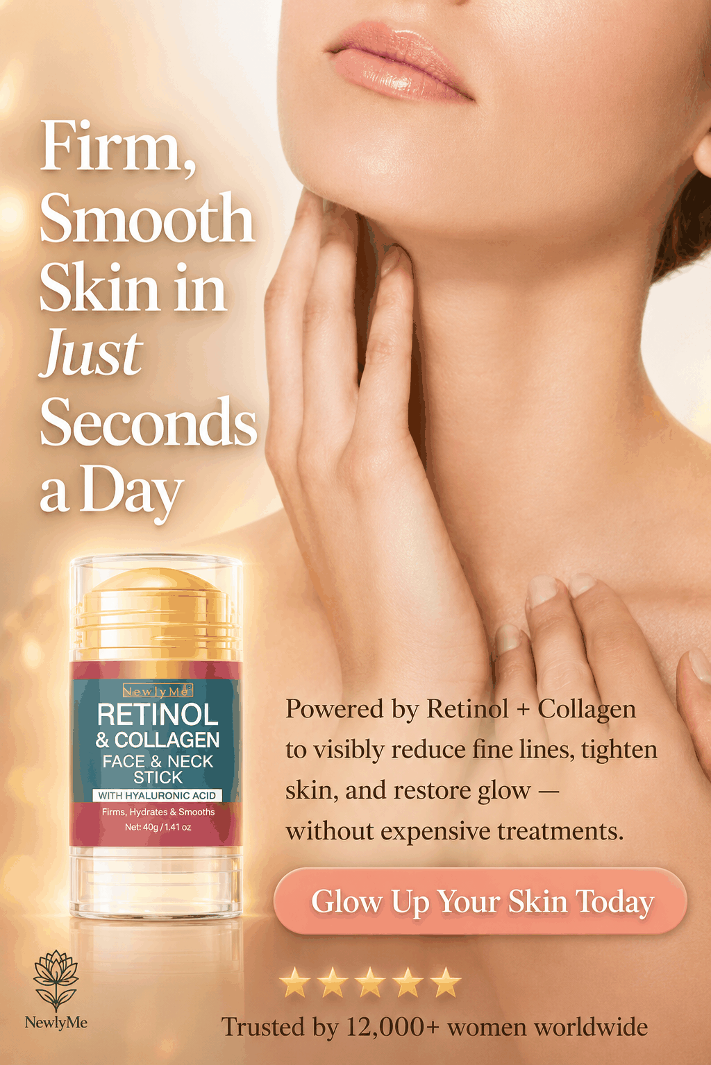Retinol and collagen face and neck stick with a woman touching her skin.