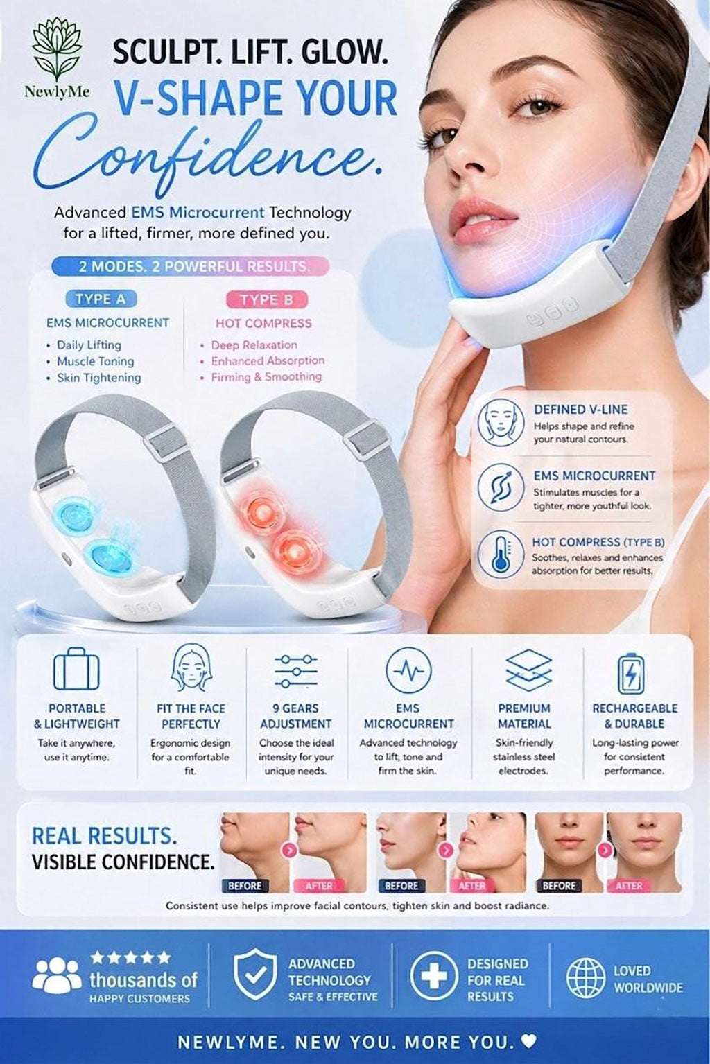 Compact face shaping massager for jawline and double chin removal with micro-vibration technology