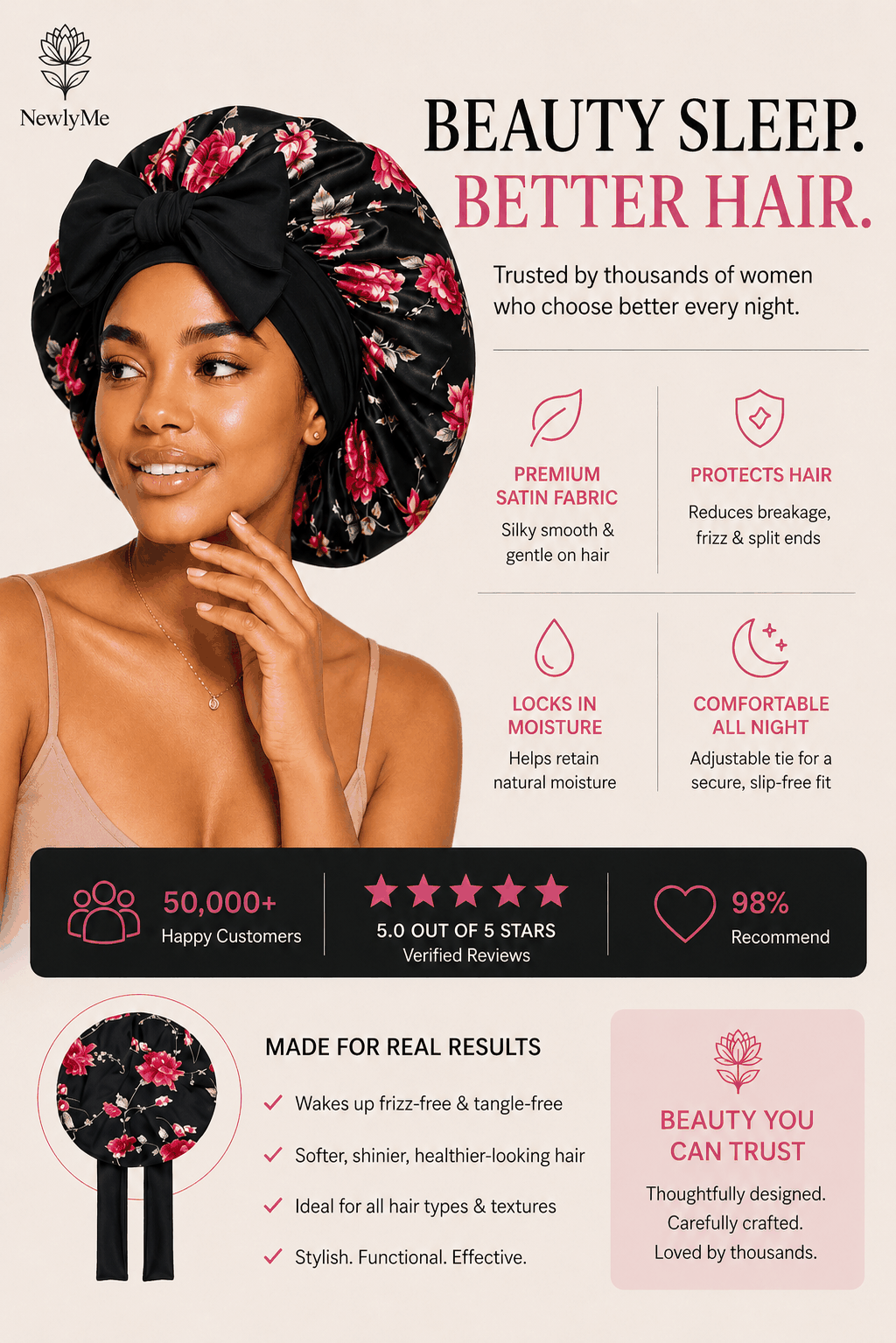 Woman wearing a floral satin hair bonnet with promotional text about beauty sleep and better hair.