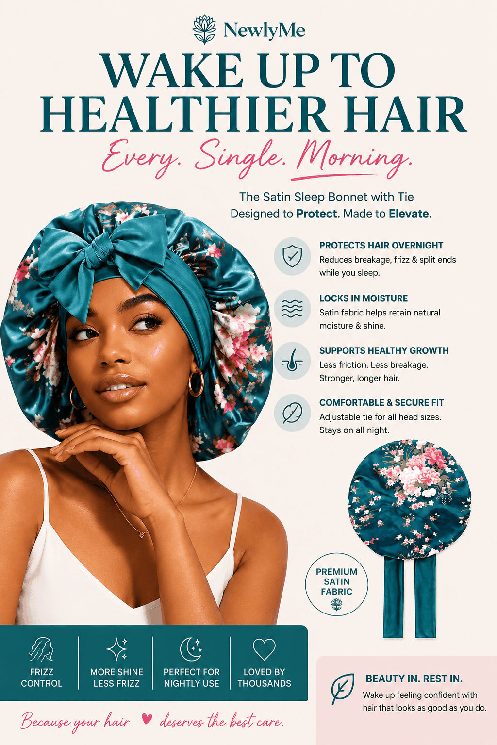 Flower print silky bonnet made of smooth silk fabric with elegant floral design for hair protection and moisture retention