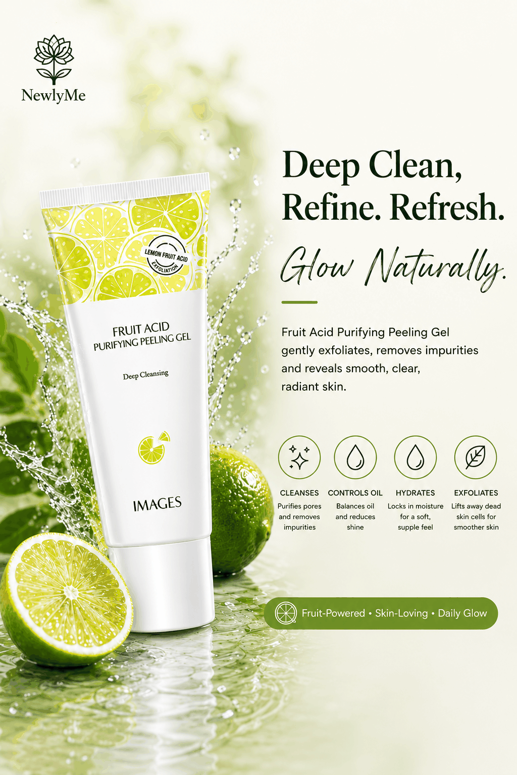 Natural Fruit Acid Peeling Facial Gel tube with fruit illustrations on white background