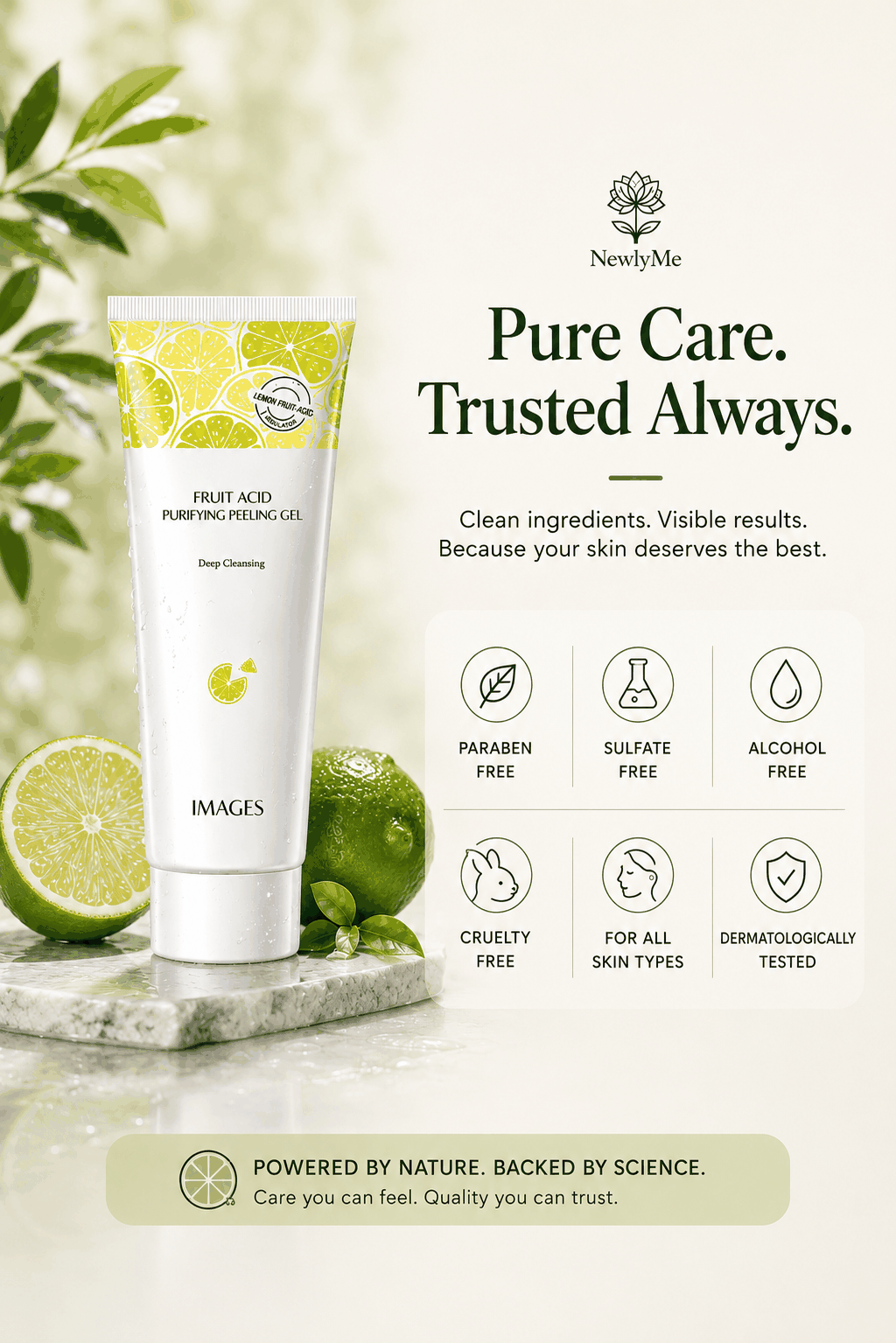 Fruit Acid Peel product with lime and greenery on a marble surface.