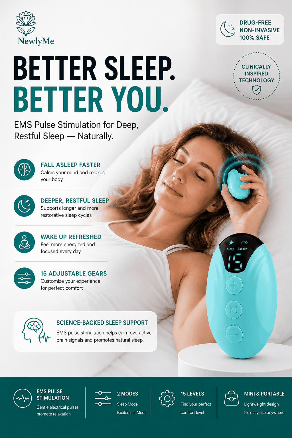 Sleep aid device with a woman using it, featuring text about better sleep and health benefits.