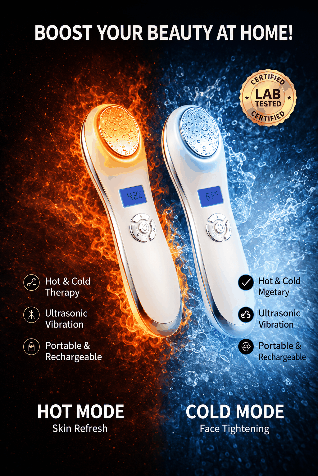 Two electronic devices labeled 'Hot Mode' and 'Cold Mode' with fiery and water-themed backgrounds, respectively.