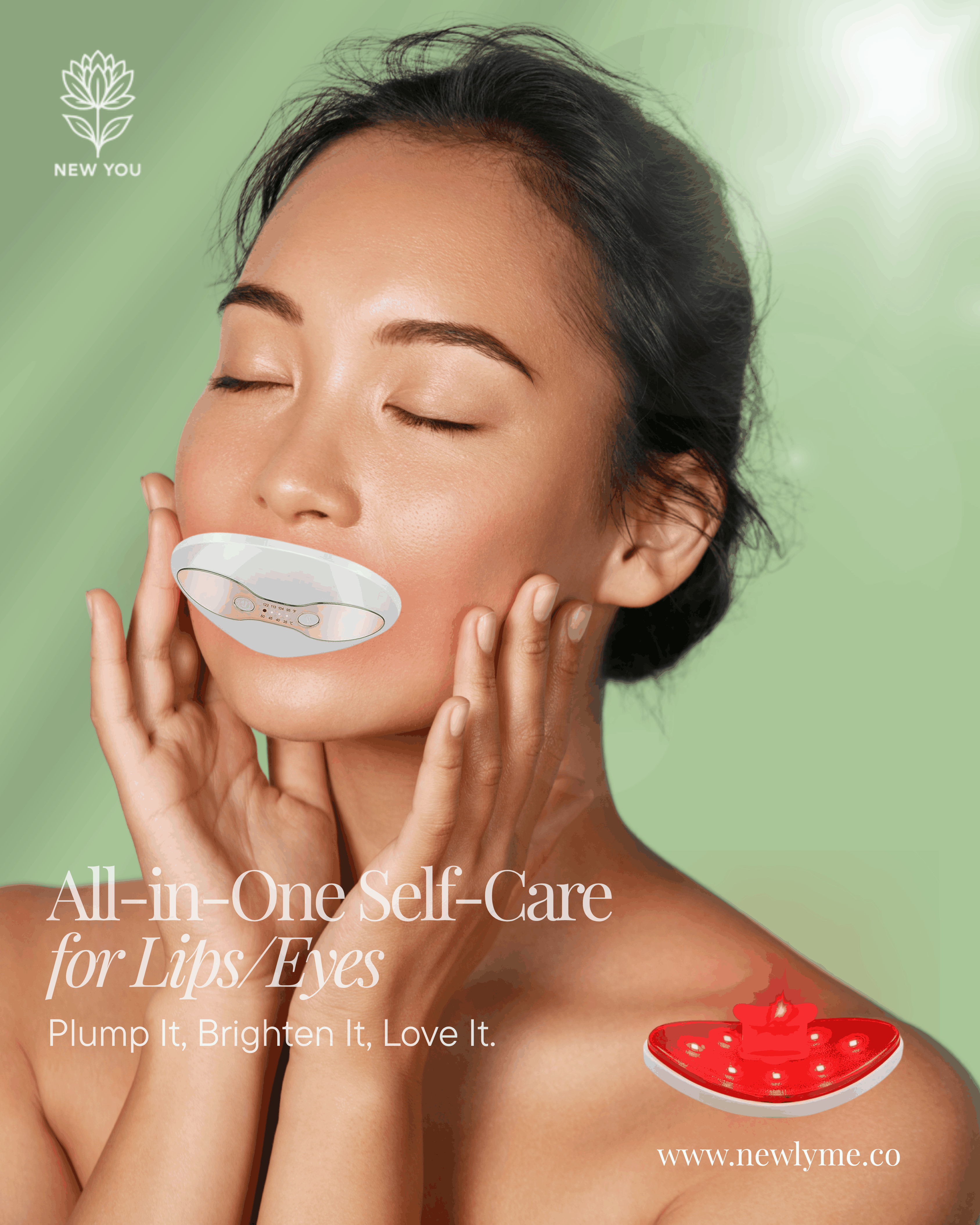 Woman using Lip Plumper Red Light Therapy device for lips and eyes on green background
