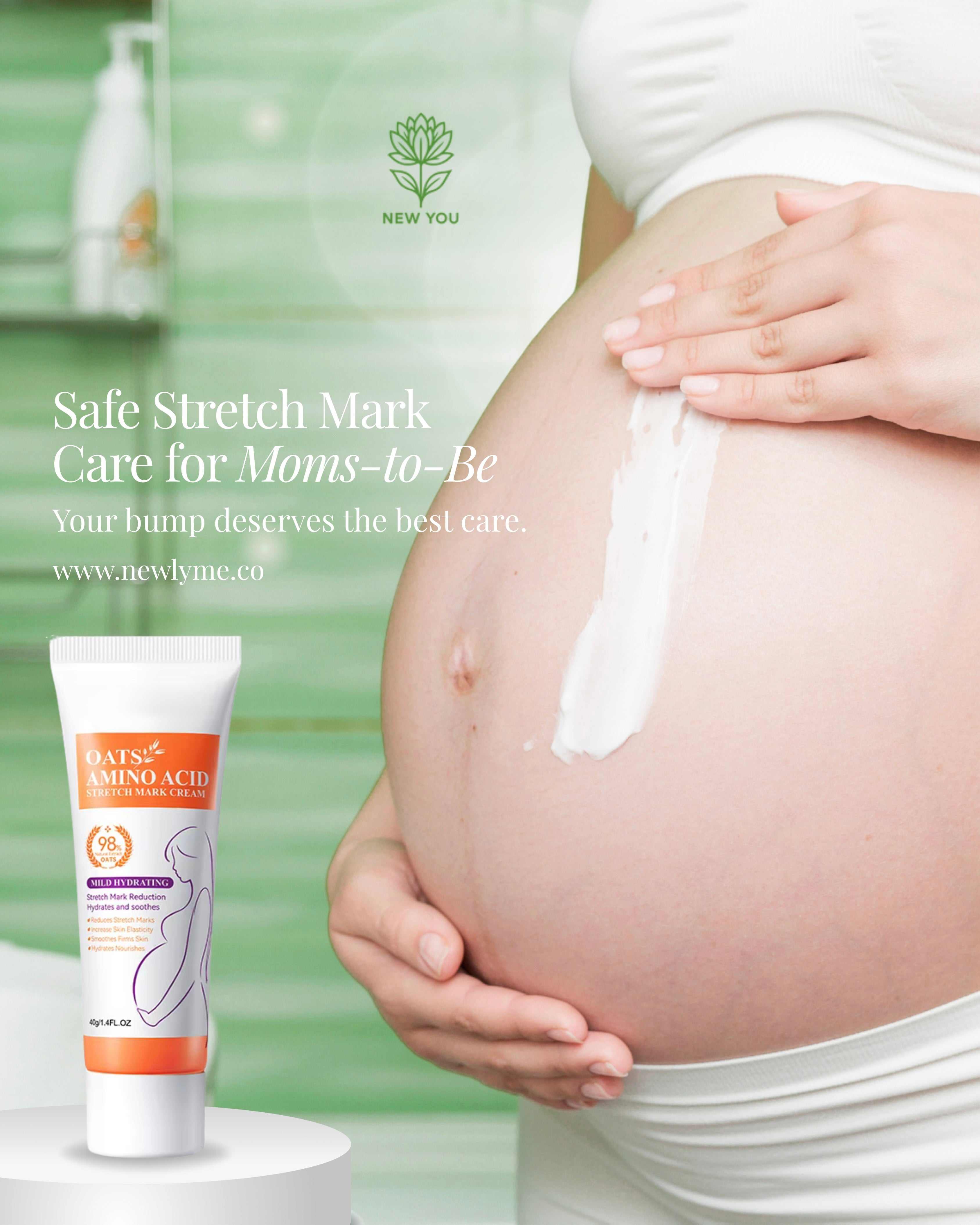 Pregnant woman applying Permanent Stretch Marks Removal Cream on belly for safe stretch mark care