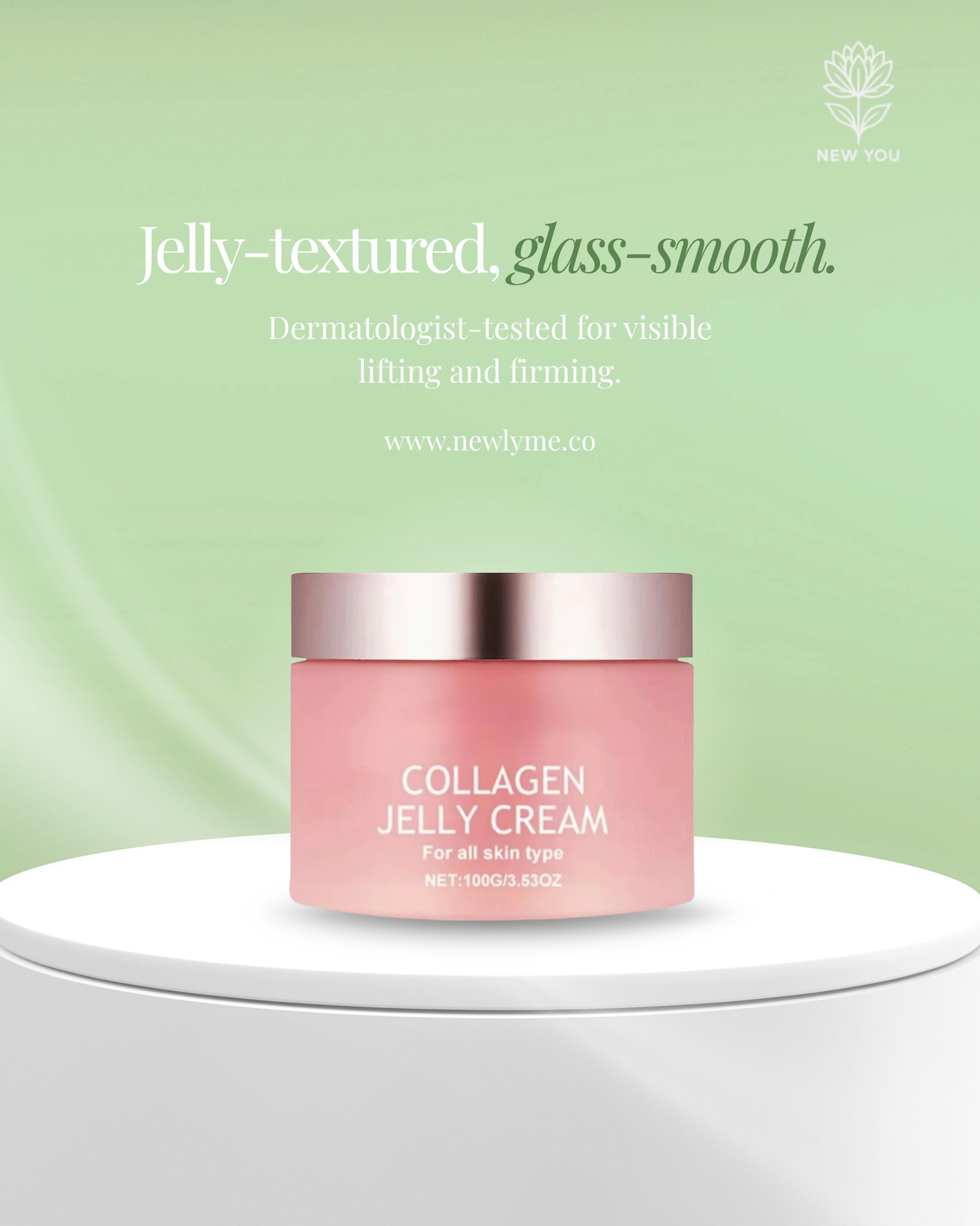 Collagen Jelly cream in pink jar, jelly-textured for lifting and firming skin, dermatologist-tested