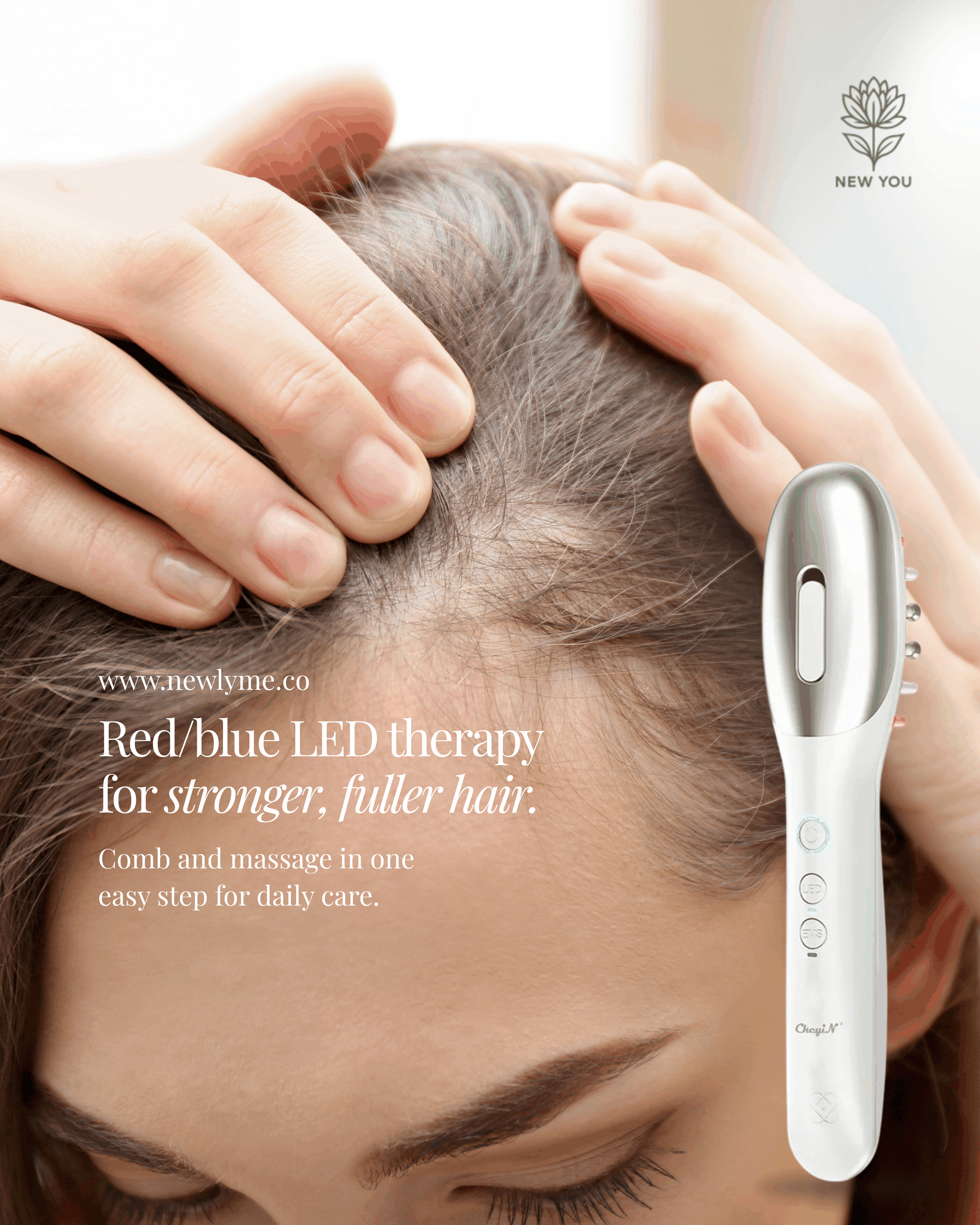 EMS Comb for Hair with red and blue LED light therapy promoting hair growth and scalp massage