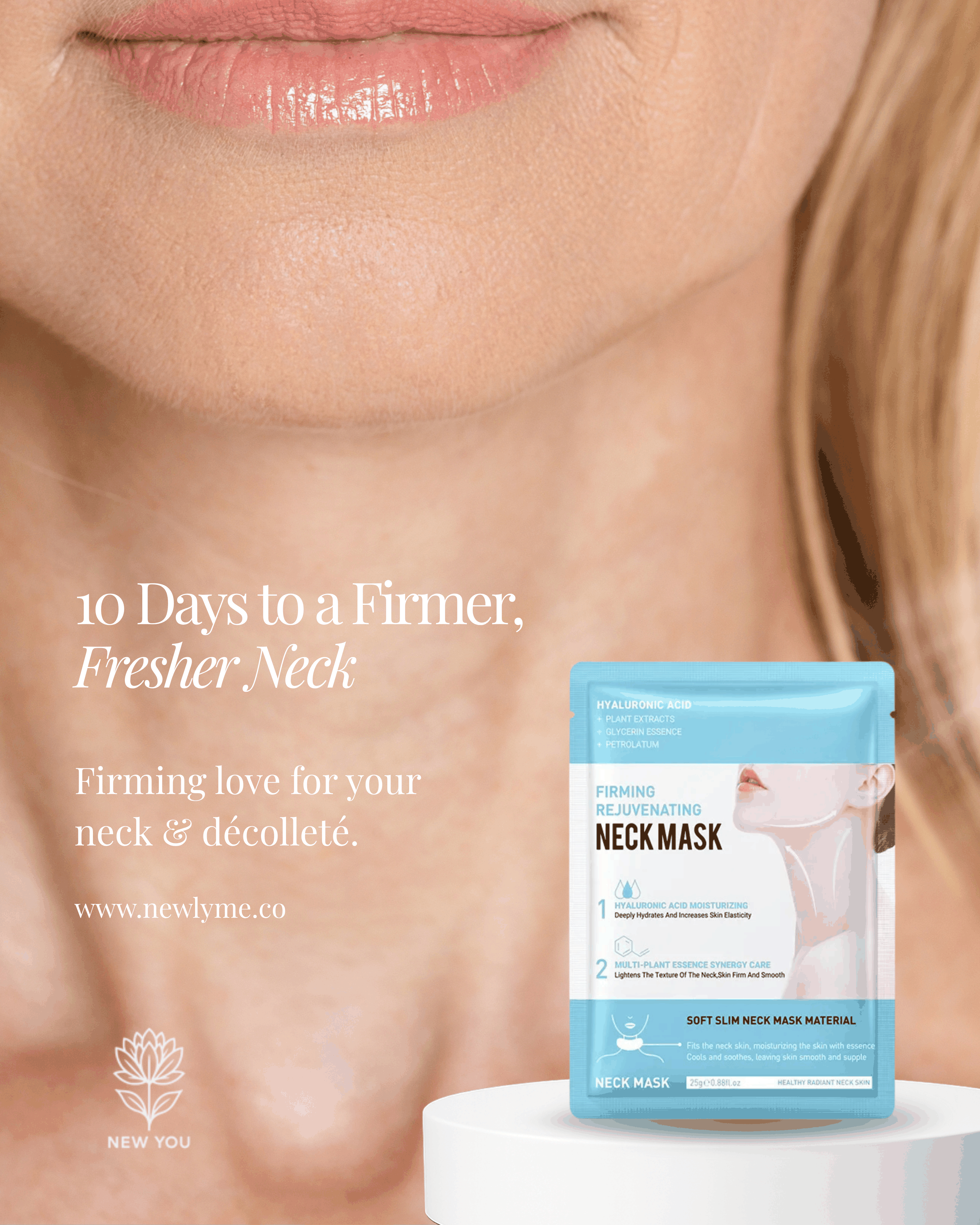 close up of woman's neck with collagen firming neck mask product packaging displayed on white pedestal