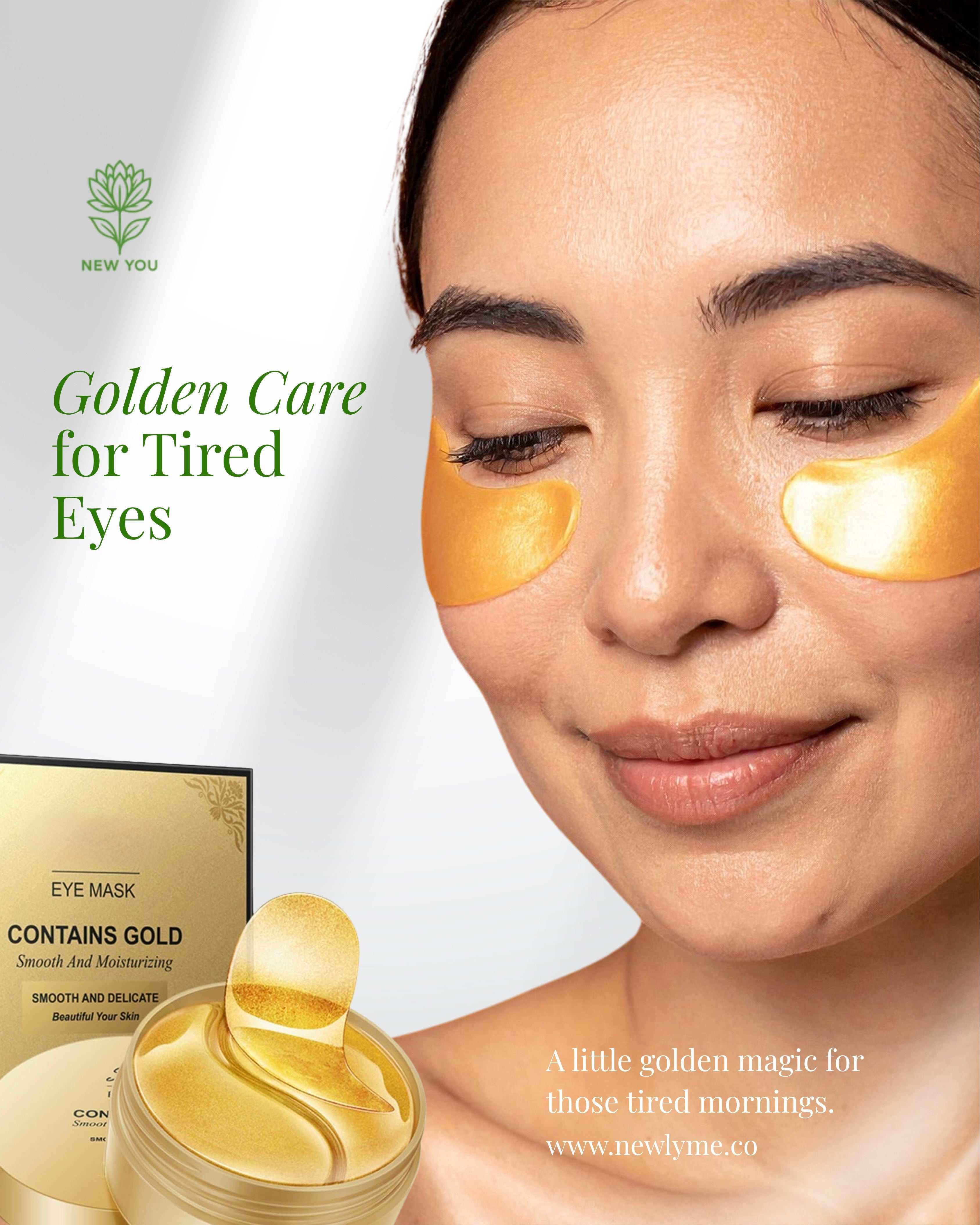 Woman wearing 24K Gold Eye Patches under eyes for anti-aging and dark circle treatment