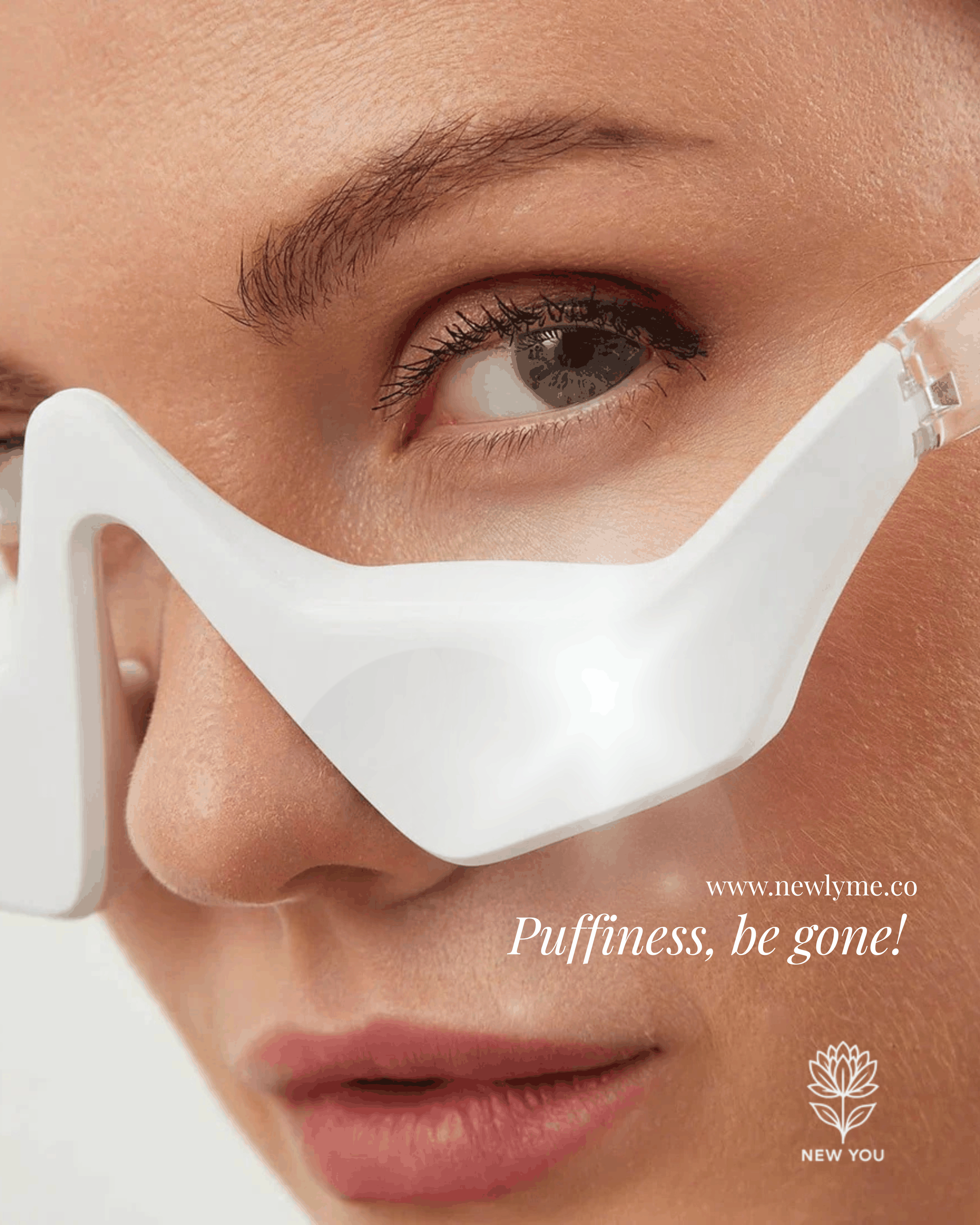 Close-up of person wearing under eye red light therapy glasses to reduce puffiness and refresh skin