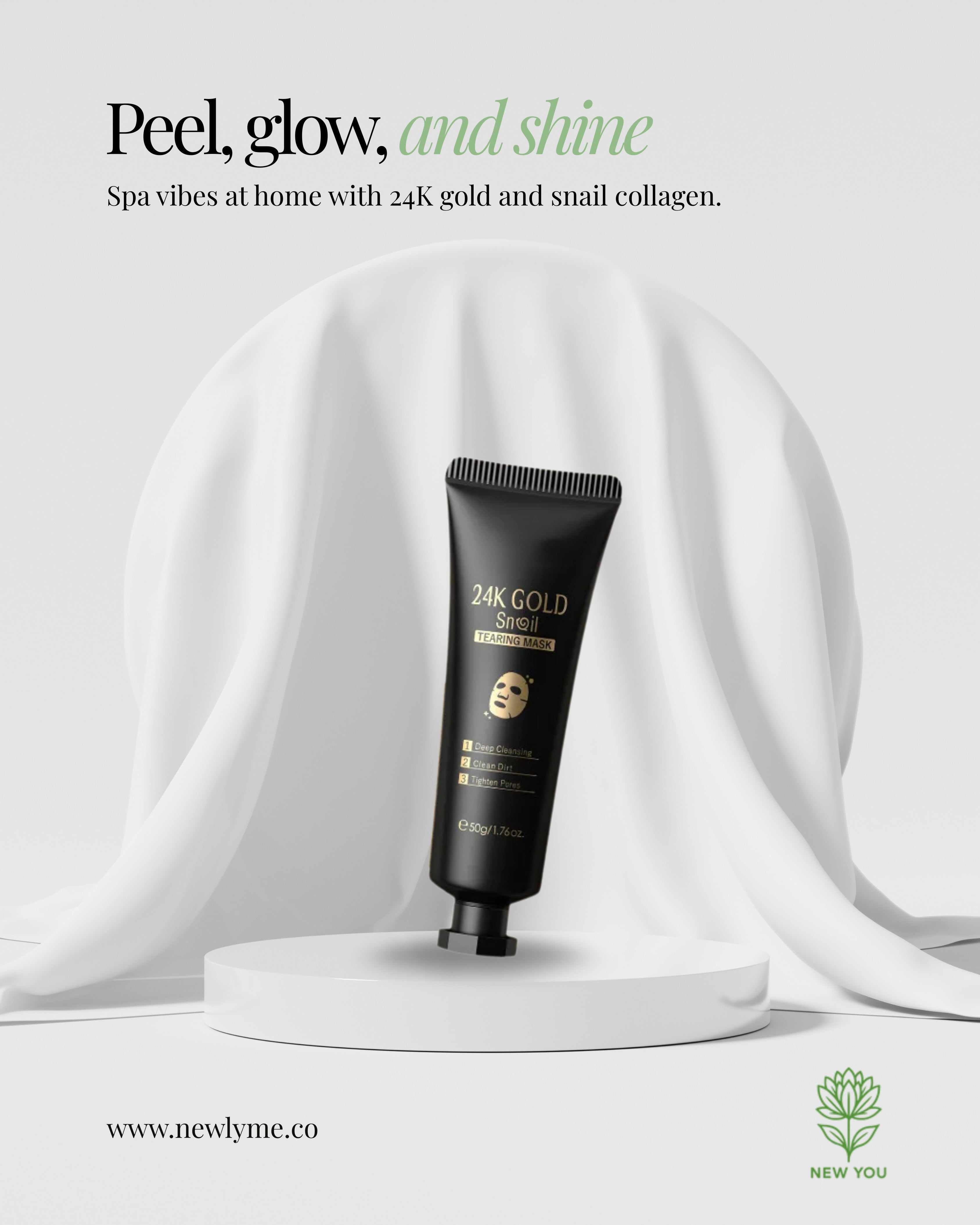 24K Gold Snail Collagen peel-off face mask tube on white draped background for hydration and anti-aging skincare