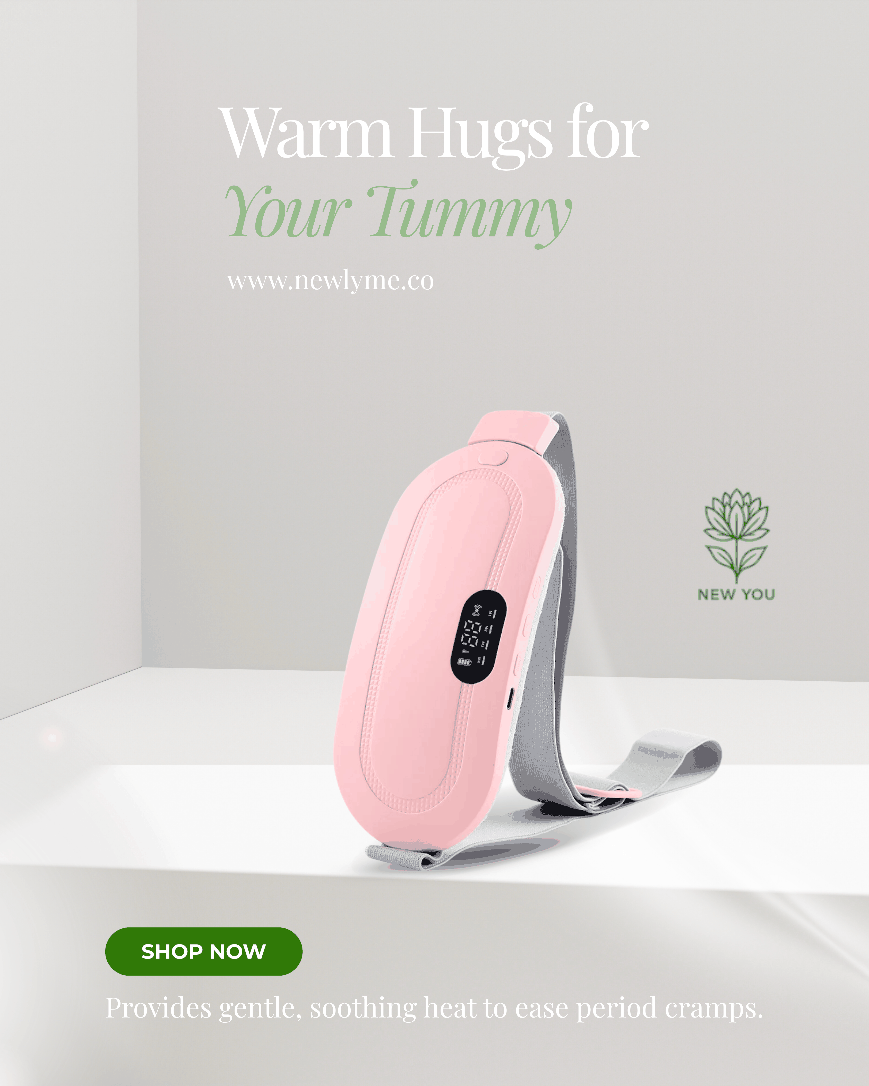 Portable menstrual heating pad in pink with adjustable gray strap for cramp relief and abdominal comfort