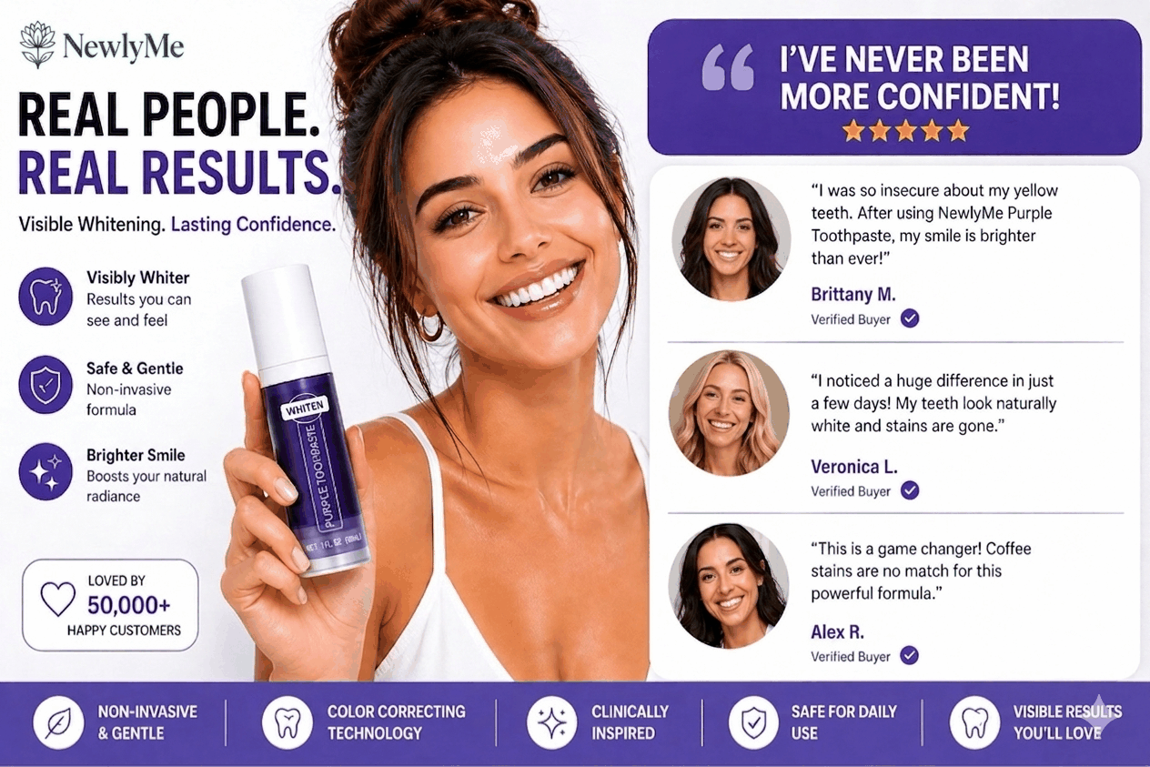Purple Teeth Whitening Toothpaste tube with purple-themed packaging for effective teeth whitening testimonials.