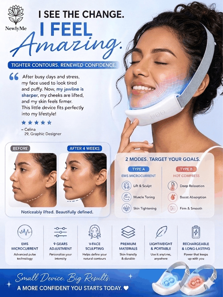 Facial device with before and after effects on a woman's face, featuring text about device benefits.