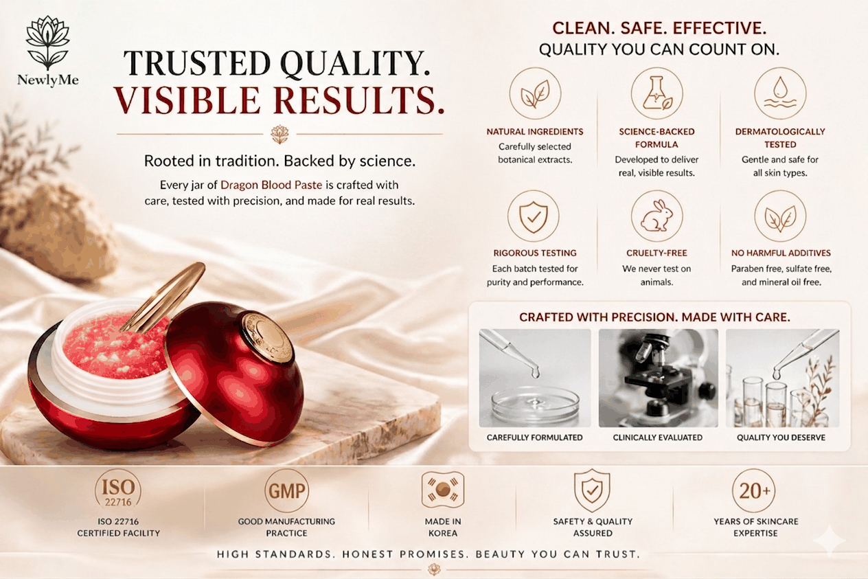 Skincare product with text about trusted quality and visible results, featuring images of the product and certification logos.