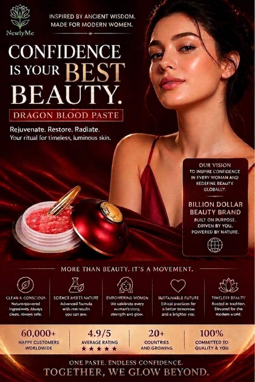 Dragon Blood product with a woman's face and product packaging on a dark background.