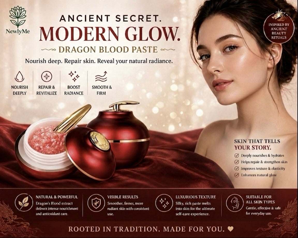 Dragon Blood Paste with a woman's face and product packaging on a warm-toned background.