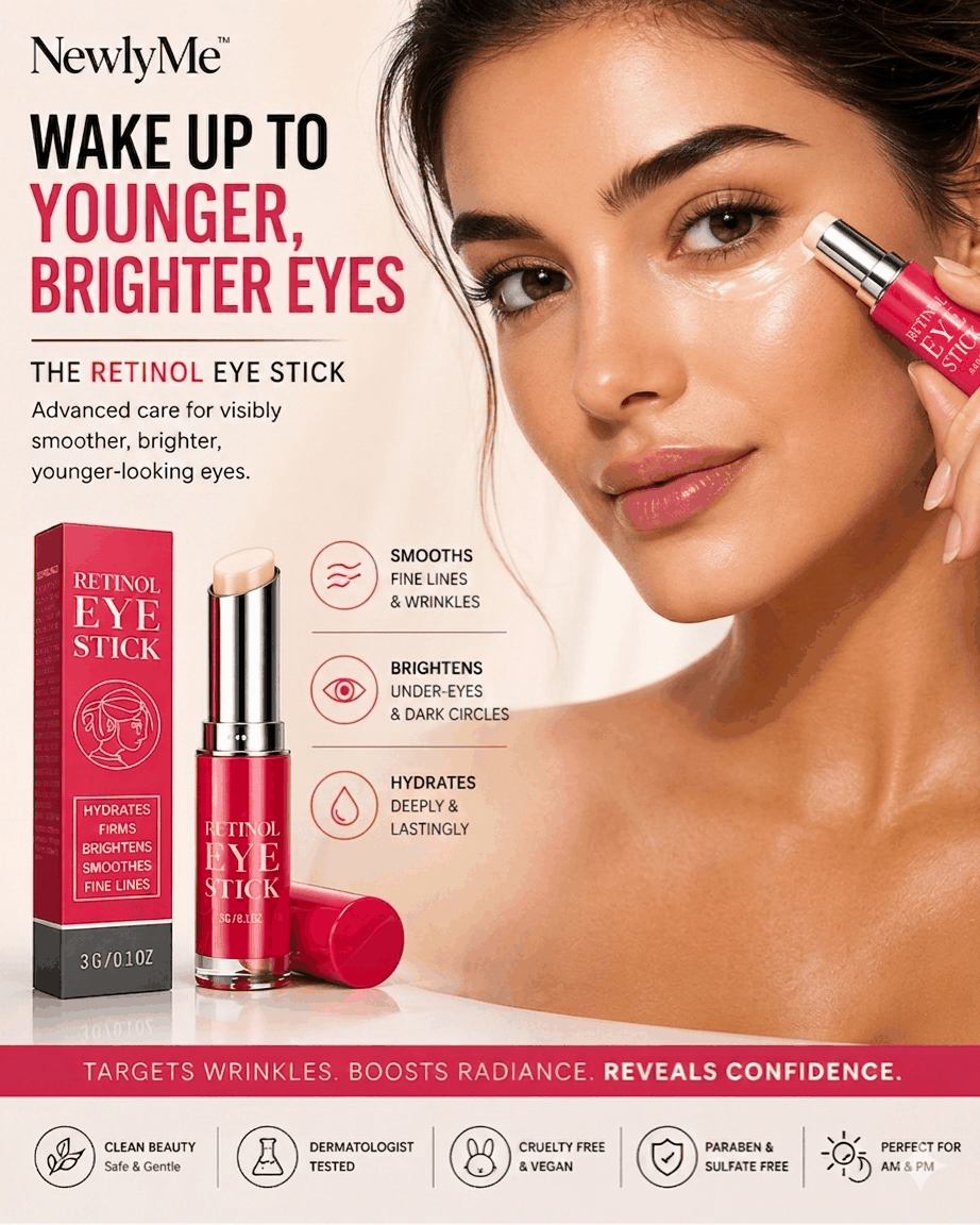 Woman holding a Retinol Eye Stick with promotional text about its effectiveness.