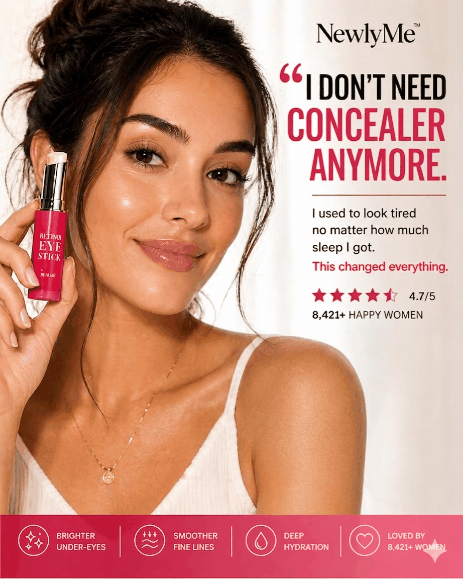 Woman holding a Retinol Eye Stick with promotional text about its effectiveness.