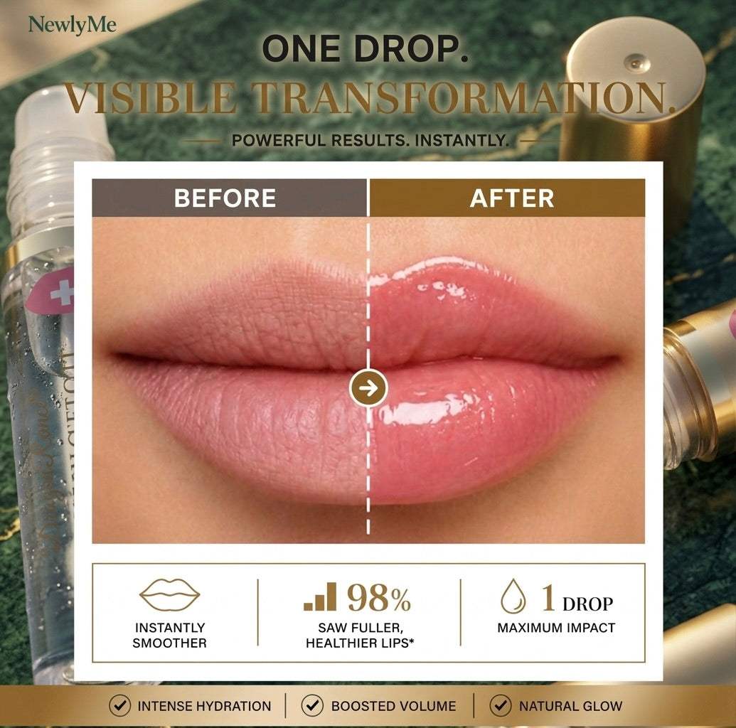 Lip serum with 'NewlyMe' branding, showing before and after effects on lips.