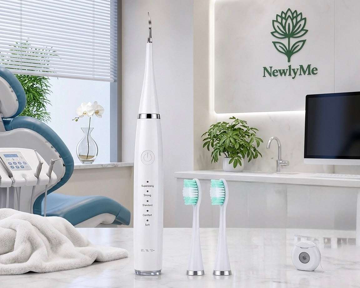 Electric tooth brush with scaler in a bathroom setting. 