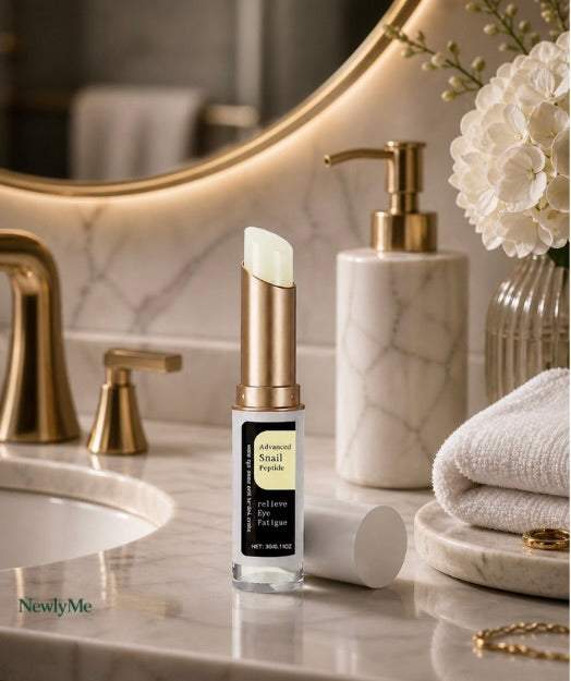 Snail Eye Cream Stick on a bathroom counter with marble and gold accents