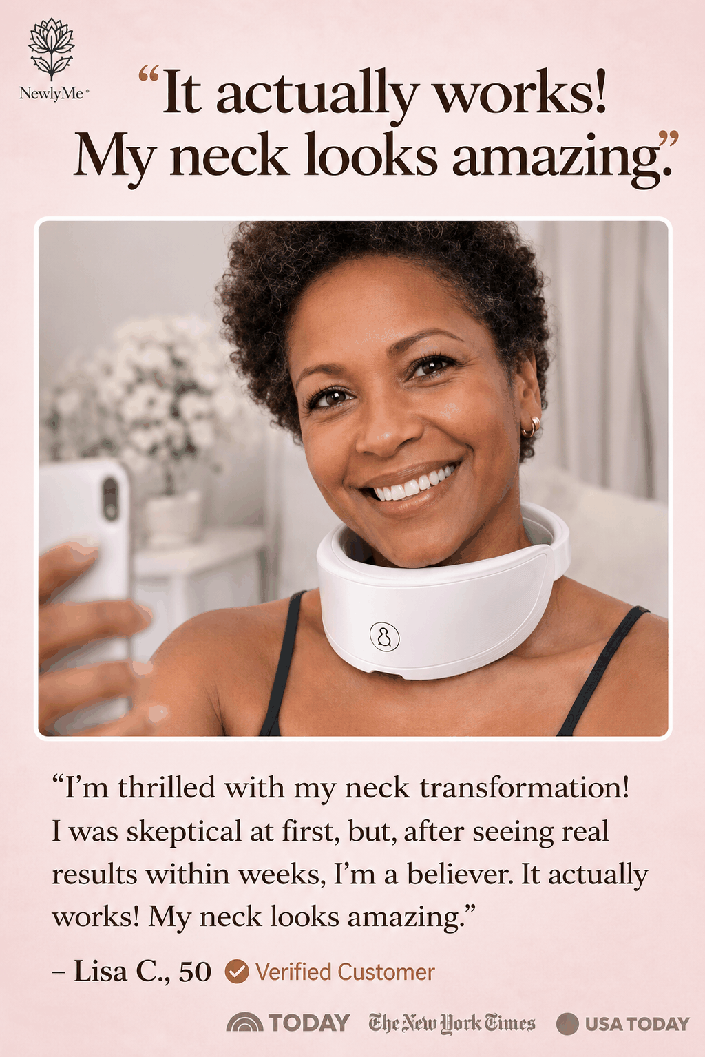 Woman wearing a LED Neck Mask with text about her positive experience and transformation.